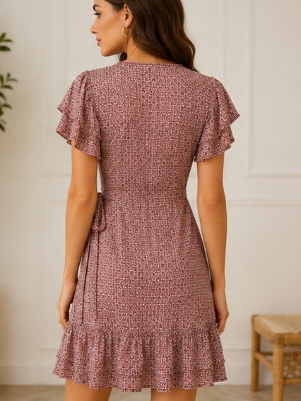 Max Studio Dusty Rose Wrap Mini Dress with Ruffle Trim - Picture 2 of 4